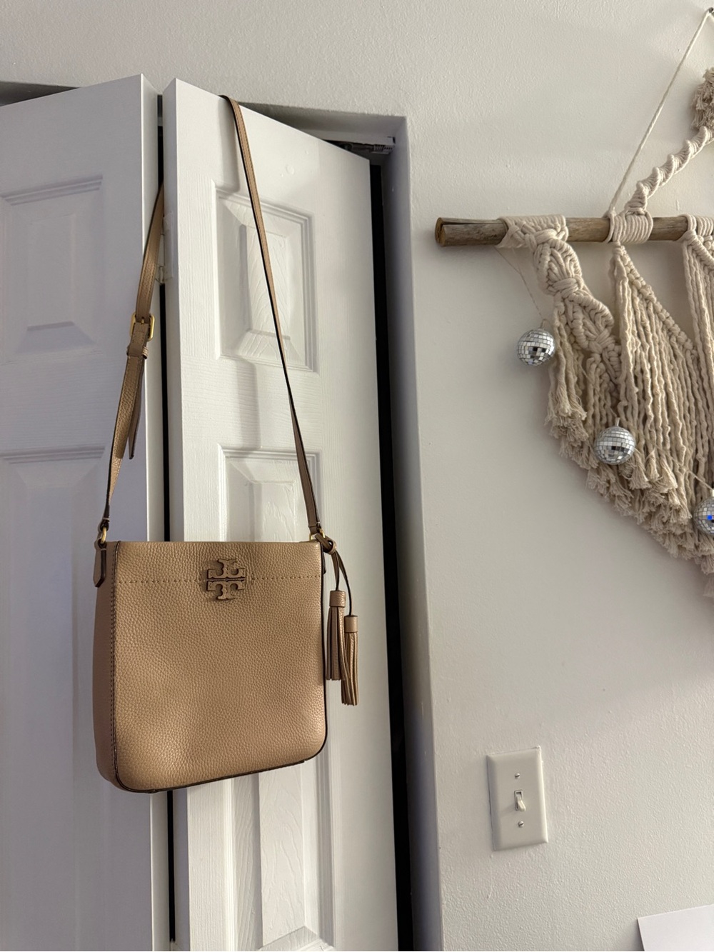 Tory Burch Tan Pebbled Leather Crossbody with Tassel